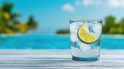 Refreshing glass of ice water with lime by a poolside, set against a tropical, sunny background.