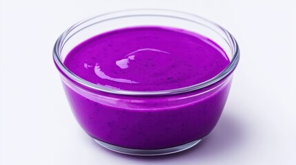 A vibrant purple smoothie or yogurt in a clear glass bowl on a white background.
