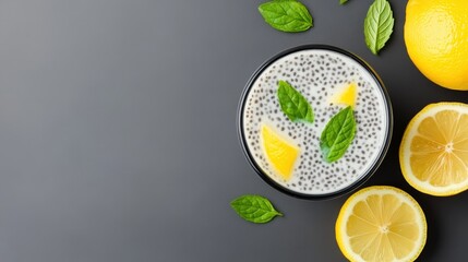 A refreshing chia seed pudding with lemon wedges and mint leaves, surrounded by fresh lemons on a dark background.