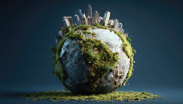 A miniature, moss-covered planet with a city atop it, against a dark background