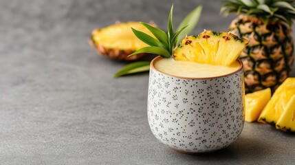 Tropical drink in a patterned cup garnished with pineapple, surrounded by fresh pineapple slices on a gray surface.
