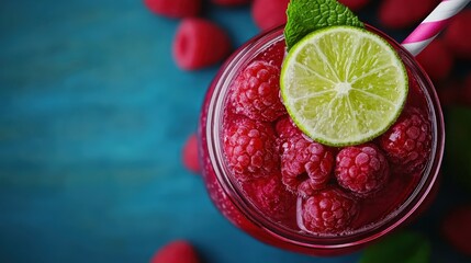 Refreshing raspberry drink topped with lime and mint in a glass jar, viewed from above on a blue background.