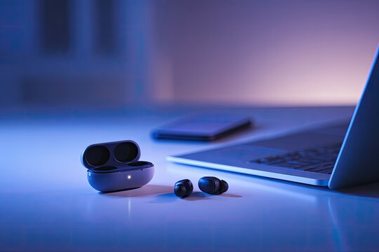Wireless earbuds and charging case on desk with laptop and phone