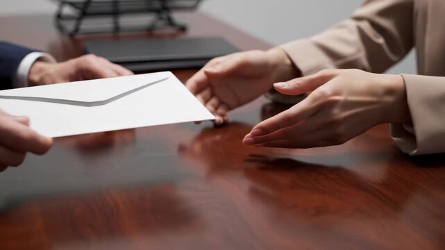 Envelope sliding across desk. Close-up of an envelope being slid smoothly across a desk toward another waiting hand, emphasizing a quiet exchange
