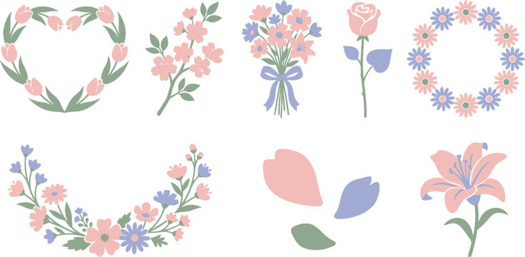 Modern Mother's Day botanical elements collection with 10 blush pink soft periwinkle sage green heart wreath tulips cherry blossoms bouquet ribbon rose stem daisies wildflowers petals lily flat vector