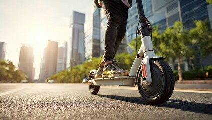 Person riding modern electric scooter on sunny urban street