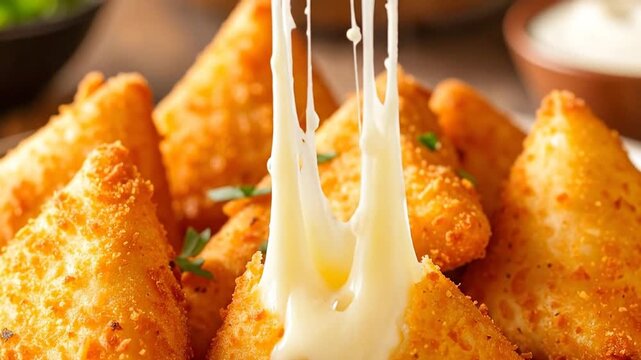 Delicious golden-brown fried cheese triangles with melted cheese, perfect for a snack or appetizer.
