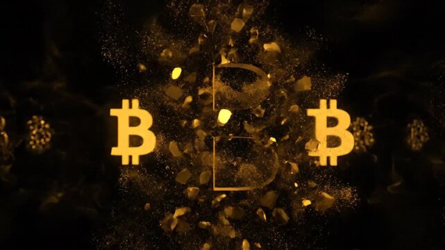 Cryptocurrency investment with digital bitcoin symbols glowing in a dark environment representing digital currency trading and blockchain technology