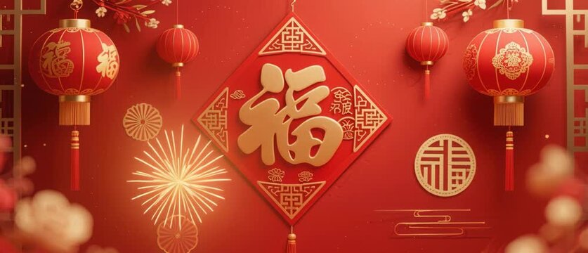 Red vector illustration featuring a traditional Chinese New Year lantern design with gold calligraphy characters and patterns symbolizing prosperity, luck, and fortune for a festive holiday celebratio