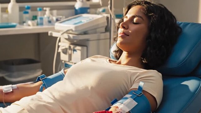 Woman lying on a blood donation bed with iv tubes attached to her arms in a medical setting with equipment