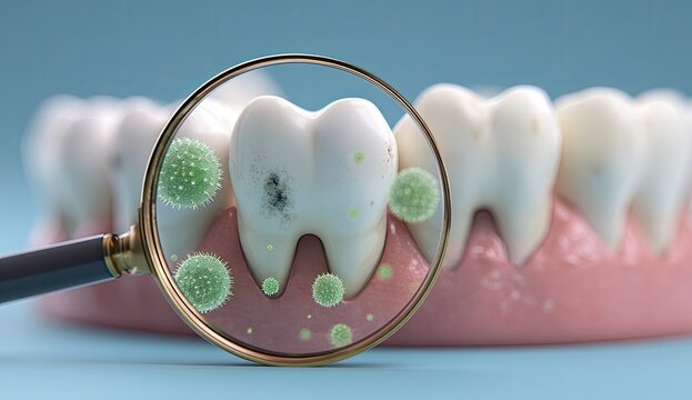 Magnified view of a decaying tooth with bacteria, gums, and teeth