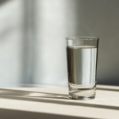 A glass filled with water stands on a table in a bright room. Sunlight shines through nearby windows