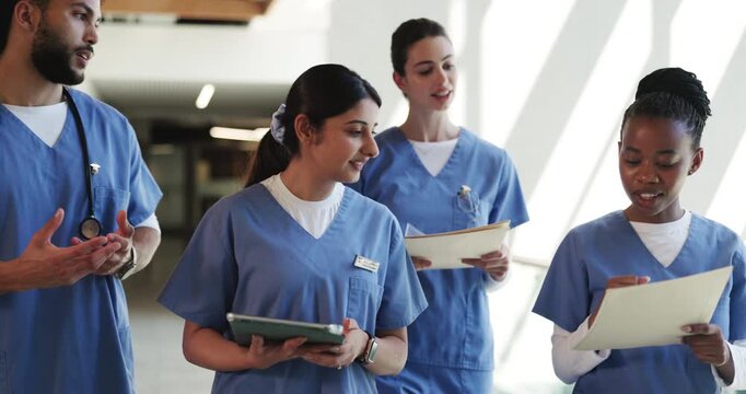 Doctor, healthcare and people in clinic, teamwork and diversity with communication. Professional, group and medical service with cooperation, discussion and feedback with advice, planning and results