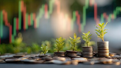 Stacks of coins with plants growing on them, overlaid with a stock chart
