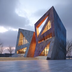 A modern, geometrically shaped building with large, angular windows and a reflective surface, illuminated by warm, ambient lighting, set against a cloudy sky with a few scattered clouds.