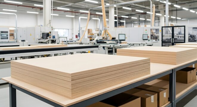 Stack of Plywood Sheets in Modern Factory, Wood Manufacturing Industry, Timber Production, Industrial Warehouse Concept