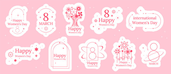 Womens Day stickers with minimal floral elements, 8 March typography, and elegant icons, for greeting cards, planners, scrapbooking, social media posts, packaging, seasonal design .Vector illustration © Ilonka eva