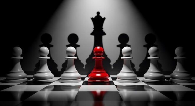 Conceptual 3D rendering of red chess pawn casting a shadow of a queen, symbolizing hidden potential, business leadership, career growth, and self-belief.