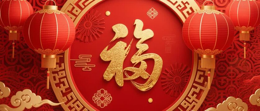 Red Chinese New Year decorations featuring traditional oriental calligraphy and golden patterns symbolize luck and wealth in this cultural holiday celebration card design