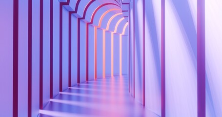 Futuristic interior background lilac lights glowing in tunnel 3d render