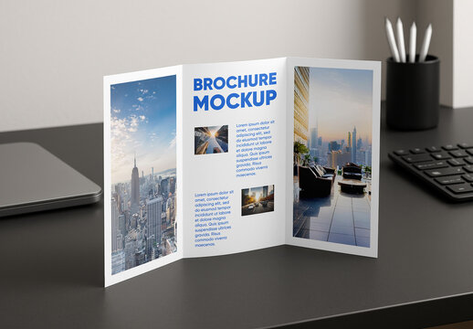 Trifold Brochure on Desk Mockup