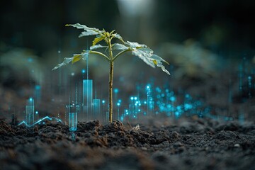 Young plant sprouts from soil, bathed in ethereal blue light and futuristic data streams