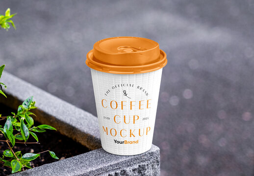 Perspective Paper Cup on Flower Pot Mockup