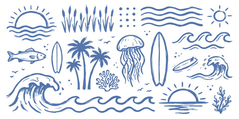 Obraz premium Collection of hand-drawn, sketchy blue line art elements depicting a summer beach scene with waves, sun, palm trees, surfboards, and marine life