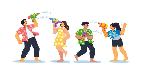 Songkran Water Festival Celebration with Diverse Characters, Modern Flat Illustration Set