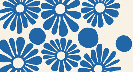 Fototapeta premium A minimalist illustration featuring a repeating pattern of blue daisy-like flowers and solid circles on a cream background.