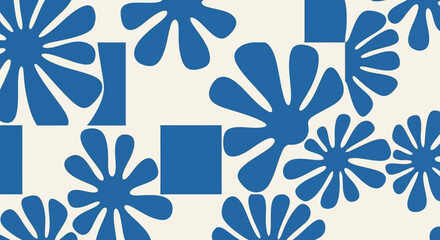 A repeating pattern of stylized blue flowers and squares on a cream background. © Abdul