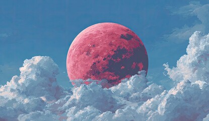 Ethereal red celestial body emerges from a sea of fluffy white clouds under a blue sky