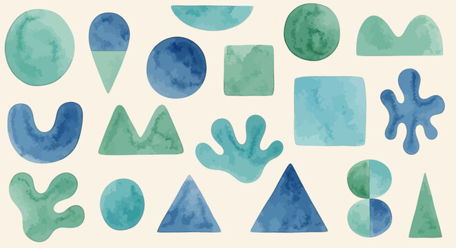 A collection of abstract watercolor shapes in various shades of blue and green on a light beige background.