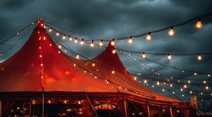 Glowing red tent under a dramatic, cloudy sky, illuminated by string lights