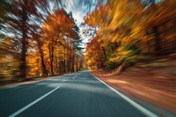 A blur of golden autumn trees lines a road, speed streaks the scene