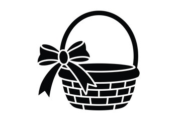 Fototapeta premium Black and white illustration of a woven basket with a bow on the handle isolated on a plain background