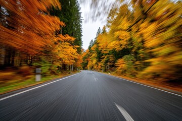 Winding road through vibrant autumn forest, motion blur