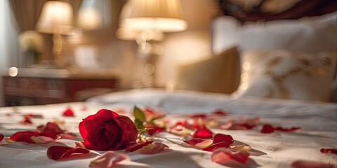A single red rose and petals adorn a neatly made bed in a dimly lit room