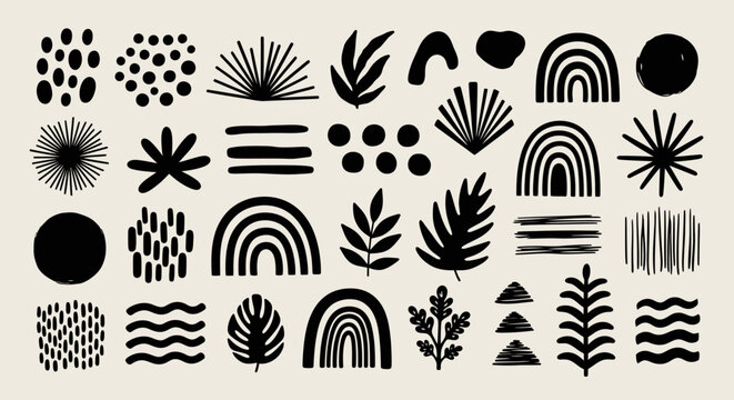 A collection of abstract black organic shapes and patterns on a beige background.