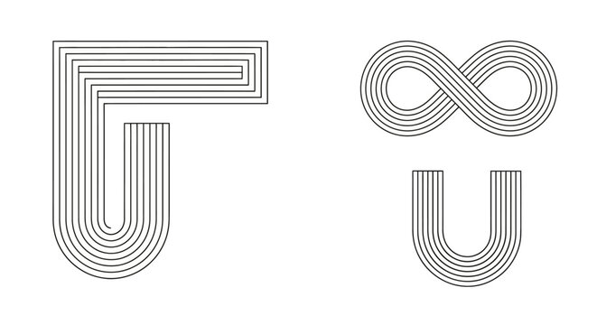 A graphic design featuring three abstract shapes created with parallel lines, including a stylized 'L' or corner shape, an infinity symbol, and a 'U' shape.