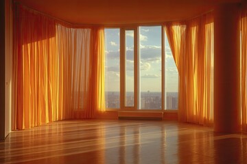 Sunlight streams through sheer orange curtains onto a polished floor