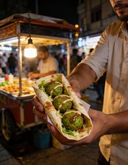 Falafel wrap with sauce, night street food vendor, warm glow, shallow depth