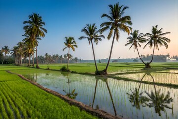 South Indian Rice Fields With Coconut Trees