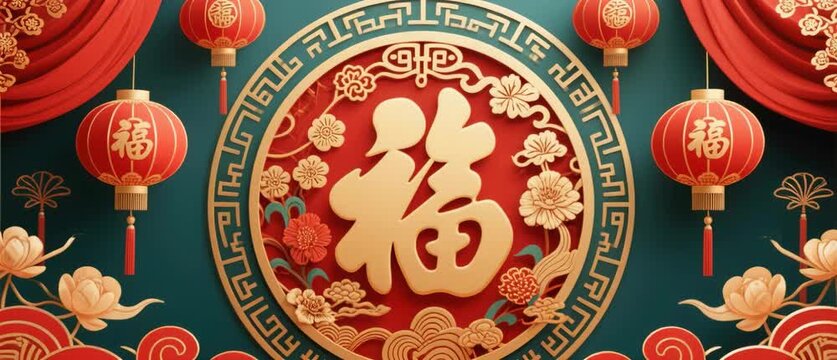 An elegant red Easter egg adorned with flowers and a ribbon features a traditional Chinese style gold dragon design on a seamless oriental texture with antique geometric patterns for a premium wallpap