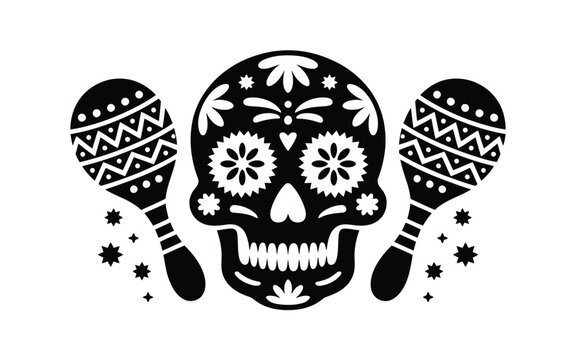 Day of the dead sugar skull with maracas and floral patterns on white background symbolizing celebration and music