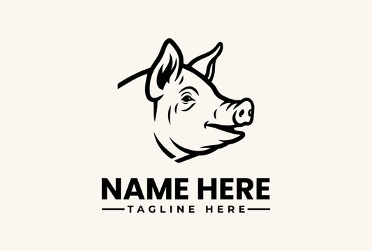 A minimalist line art illustration of a pig's head with a customizable name and tagline on a clean white background, featuring a logo and vector icon design.