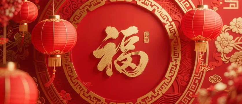 Traditional Chinese New Year decorations featuring red lanterns and golden calligraphy symbols celebrate Asian culture with elegant vector patterns and festive designs to invite prosperity and good lu