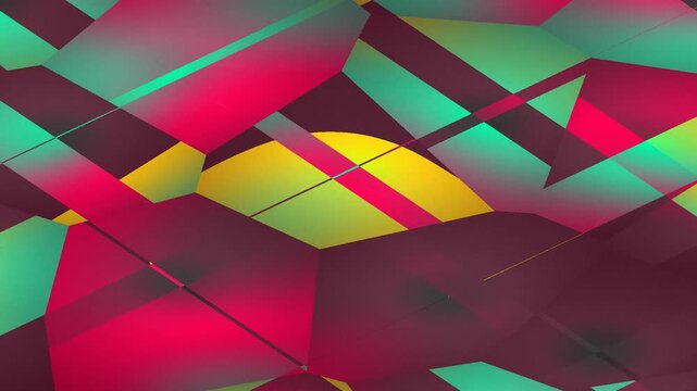 A vibrant, abstract pattern featuring sharp geometric shapes in bold colors