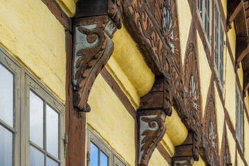 Detailed Wood Carvings and Renaissance Corbels on Historic 1631 Osterbyes Gard Odense Denmark Half Timbered Architecture © photoopus