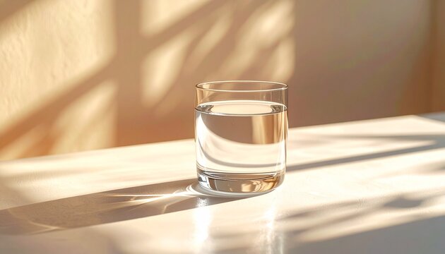 따뜻한 햇살과 부드러운 그림자 속 유리컵의 물 Clear glass of water in warm sunlight with soft shadows